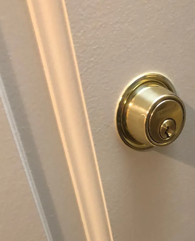 Polished brass deadbolt on a paneled interior door