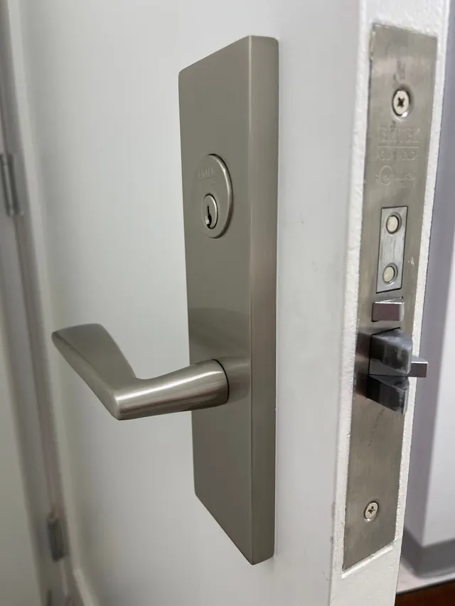 Emtek mortise lock, latch edge detail